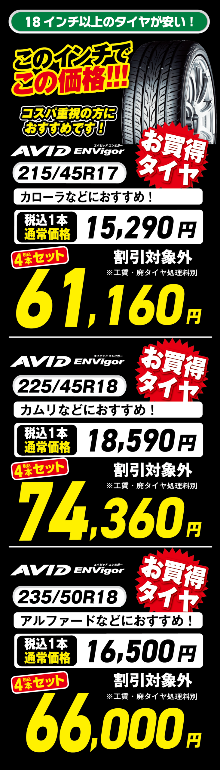 １８インチ以上のタイヤが安い
